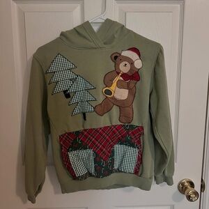 Green Hoodie Handmade with Bear and Tree Appliqué